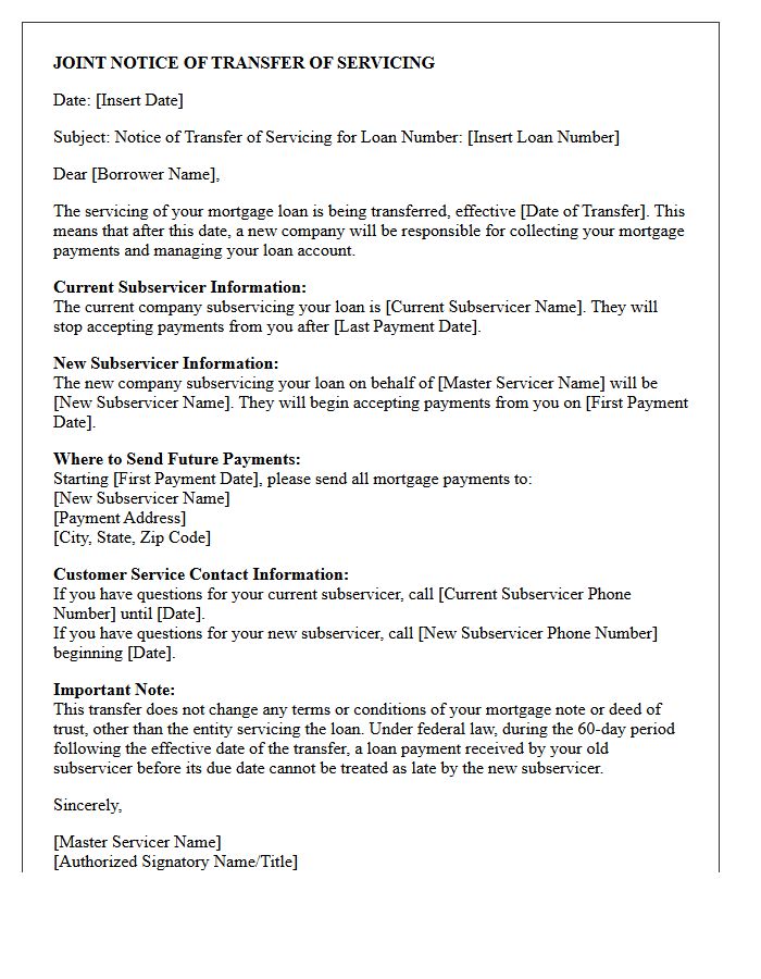 Master Servicer to Subservicer Joint Notice of Transfer of Servicing Letter