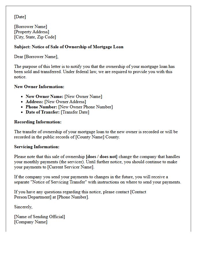 Mortgage Loan Sale Notification Letter