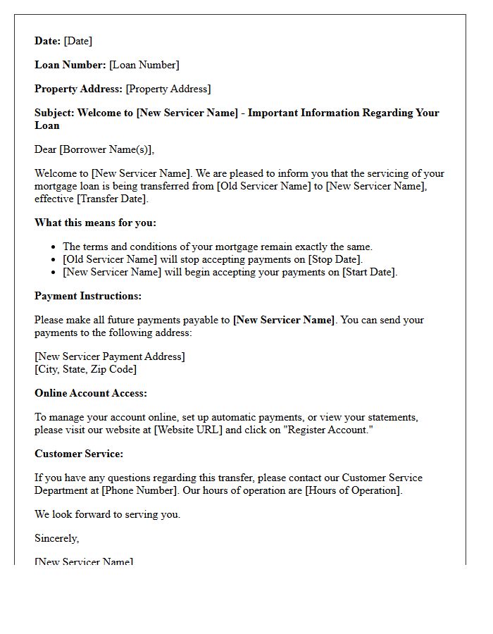 New Servicer Welcome Transfer Letter