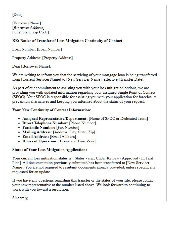 Loss Mitigation Continuity of Contact Transfer Letter