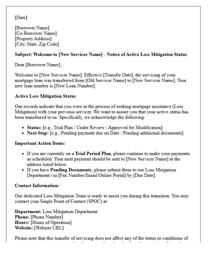 New Servicer Active Loss Mitigation Welcome Letter