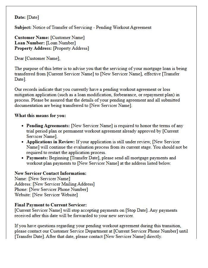 Pending Workout Agreement Servicing Transfer Letter