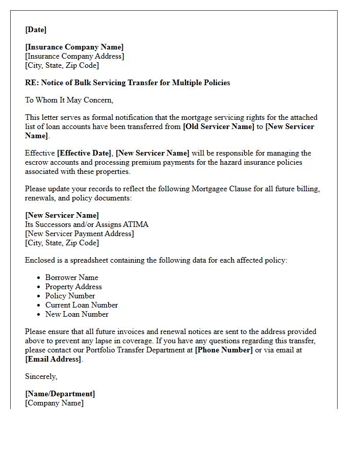 Bulk Portfolio Mortgage Servicing Transfer Letter To Hazard Insurance Provider