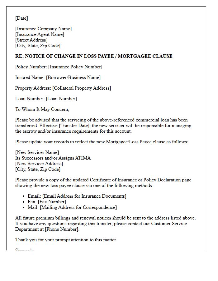 Commercial Loan Servicing Transfer Notification Letter For Hazard Insurance
