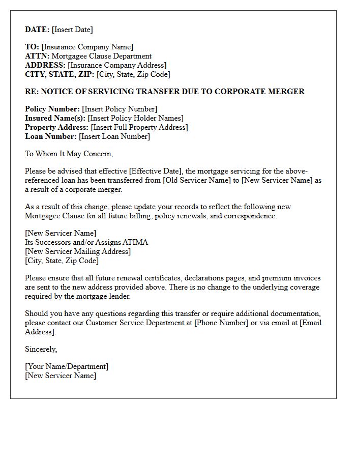 Corporate Merger Servicing Transfer Letter To Hazard Insurance Company
