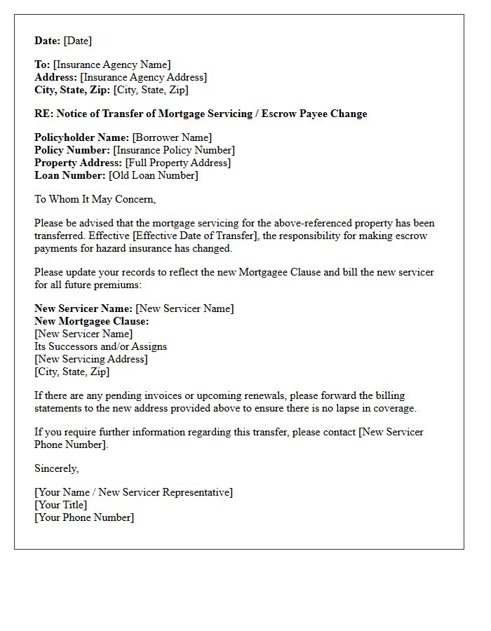 Escrow Account Servicing Transfer Letter To Hazard Insurance Agency