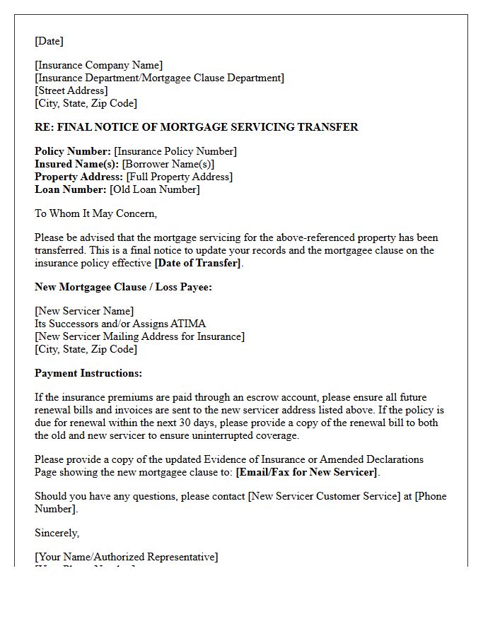 Final Notice Of Mortgage Servicing Transfer Letter To Insurance Provider