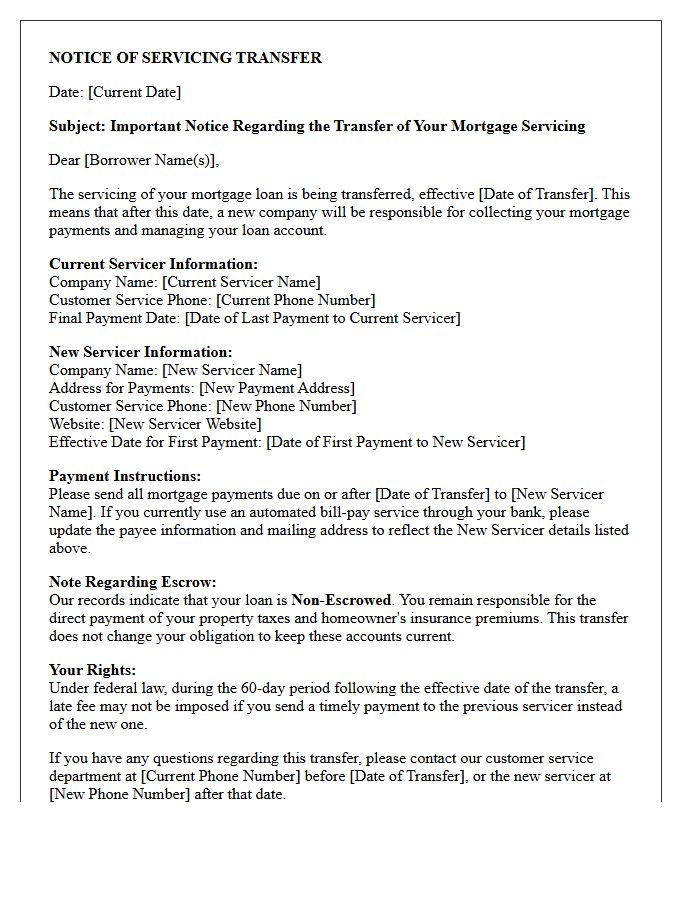 Non-Escrow Mortgage Servicing Transfer Notification Letter