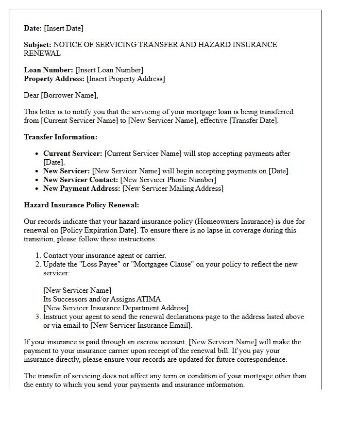 Notice Of Servicing Transfer And Hazard Policy Renewal Letter