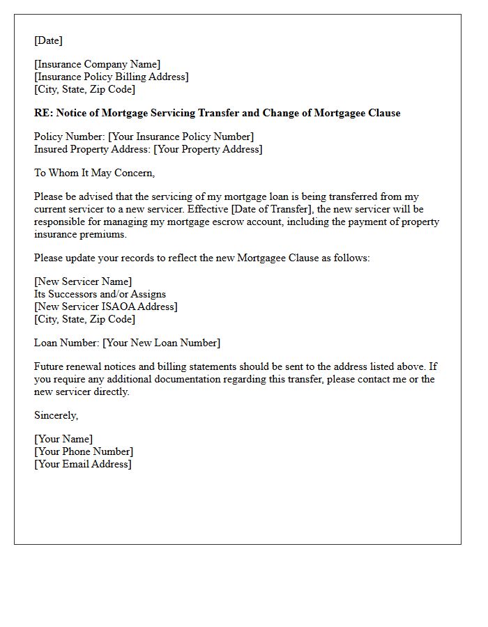 Residential Mortgage Servicing Transfer Notice Letter To Insurance Provider