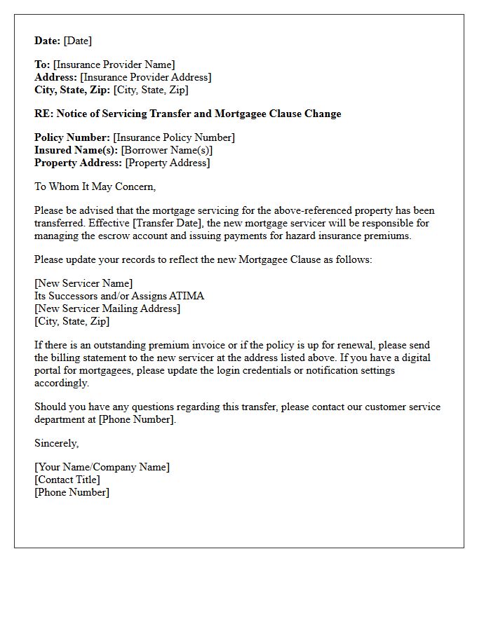 Standard Servicing Transfer Notification Letter To Hazard Insurance Provider