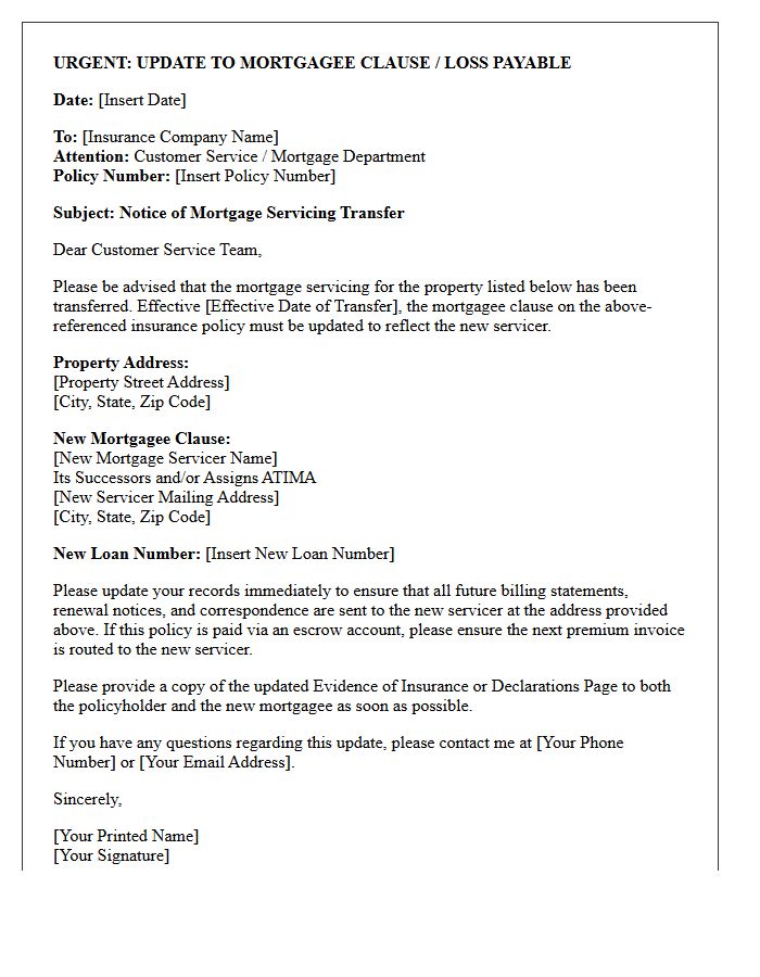 Urgent Mortgage Servicing Transfer Letter To Hazard Insurance Carrier