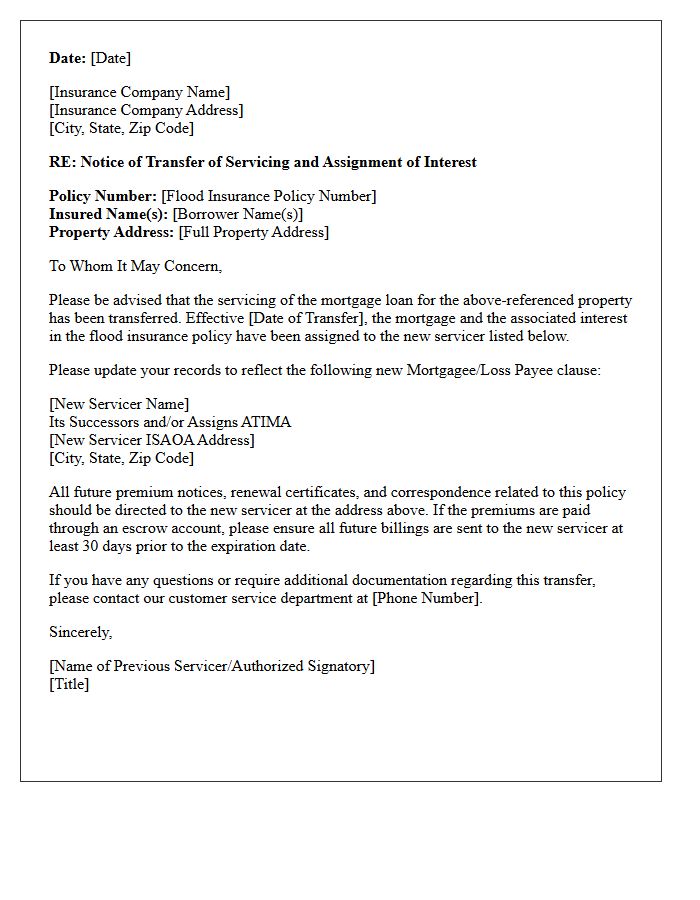 New Servicer Flood Insurance Assignment Letter