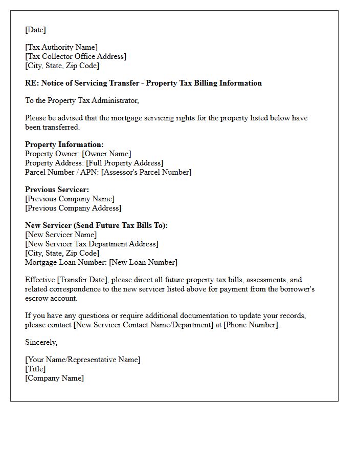 Property Tax Administrator Servicing Transfer Letter