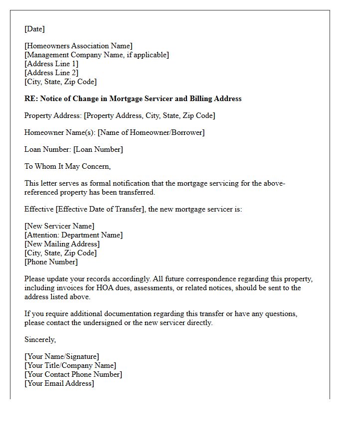 Default Mortgage Servicing Transfer Notification Letter To Homeowners Association