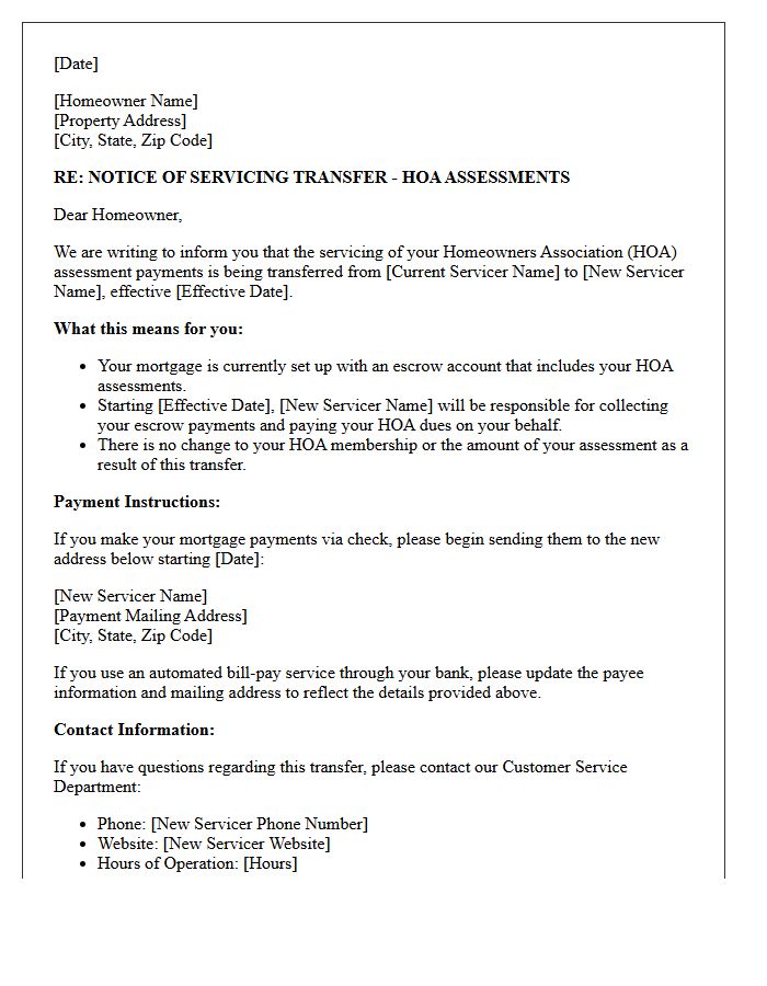 Escrowed Homeowners Association Assessments Servicing Transfer Letter