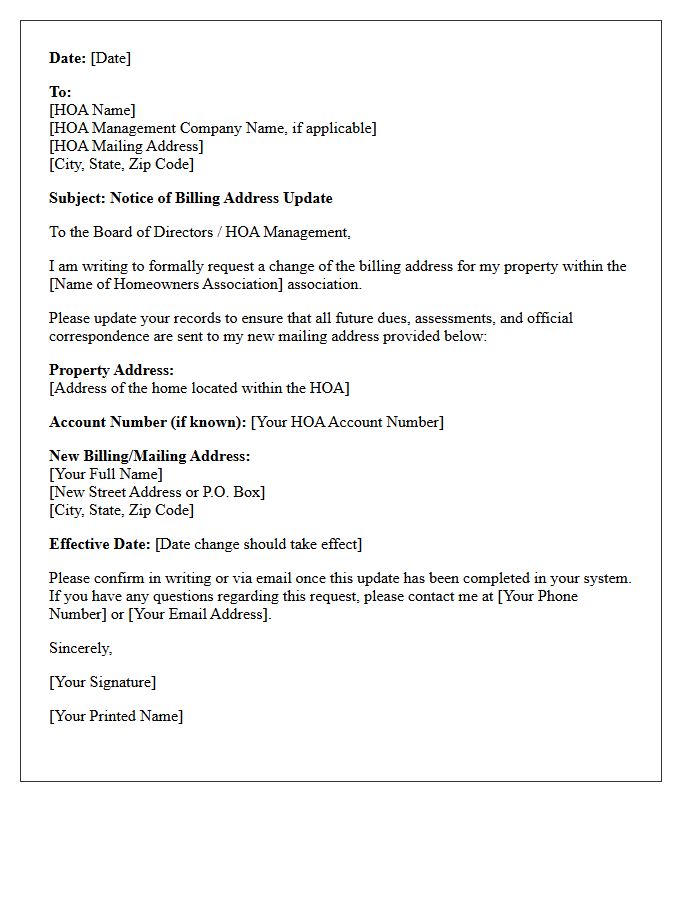 Homeowners Association Dues Billing Address Update Transfer Letter