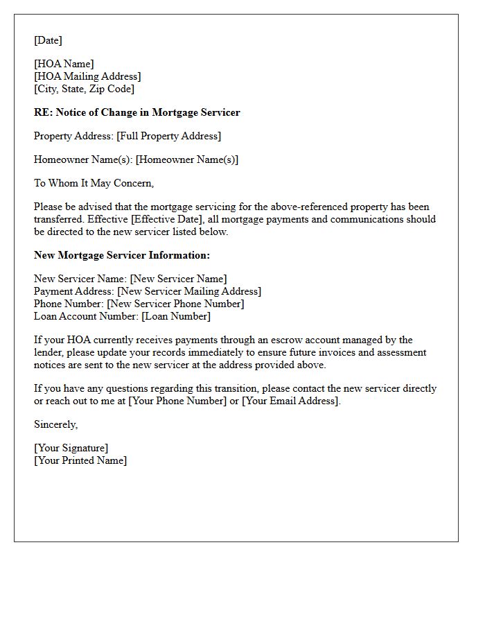 Immediate Mortgage Servicing Transfer Effective Date Letter To Homeowners Association