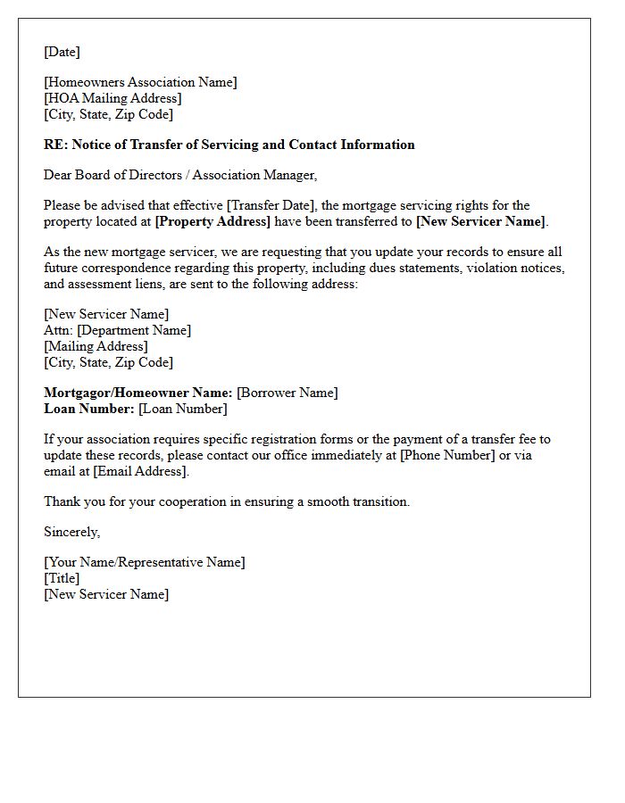 Incoming Mortgage Servicer Introduction Letter To Homeowners Association