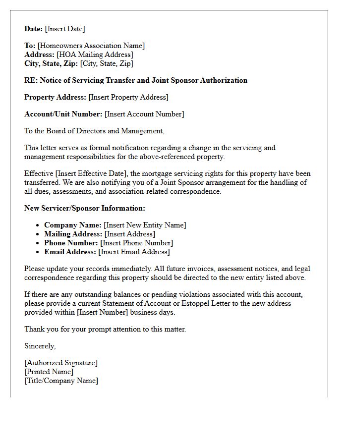 Joint Sponsor Servicing Transfer Notification Letter To Homeowners Association