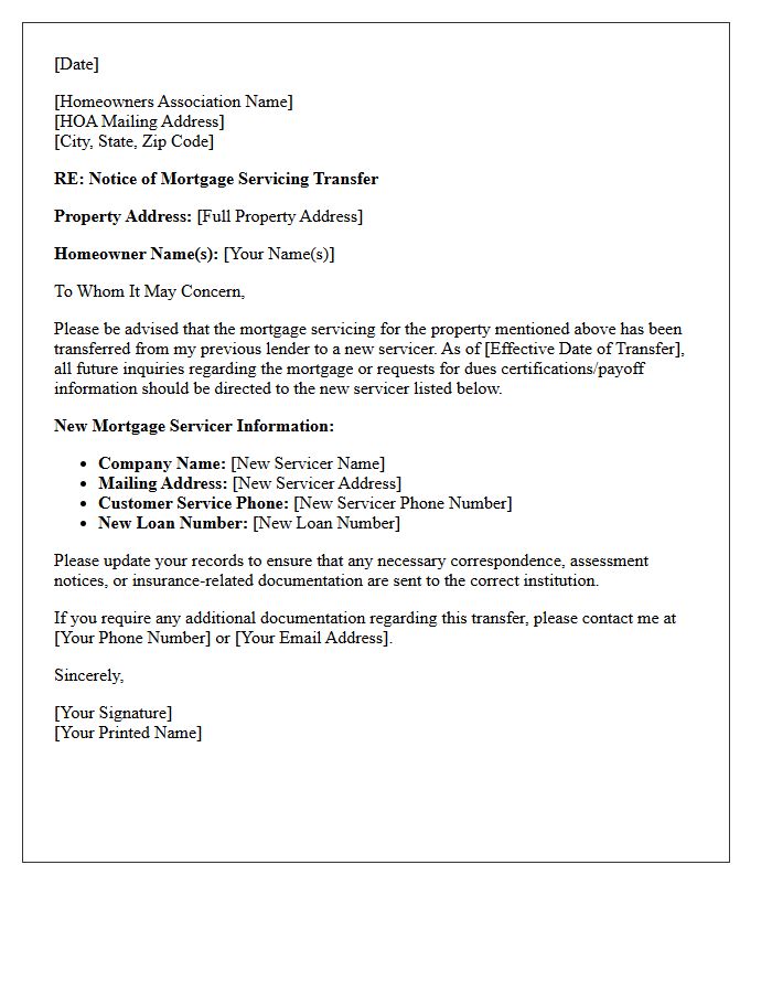 Mortgage Servicing Transfer Notice Letter For Homeowners Association Correspondence