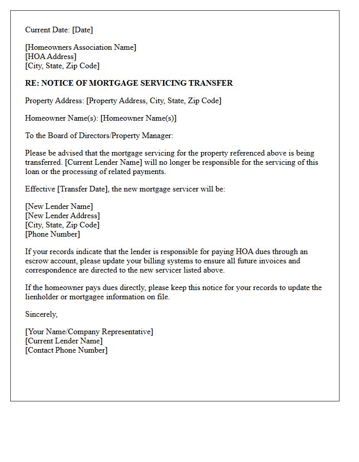 Outgoing Mortgage Lender Servicing Transfer Letter To Homeowners Association