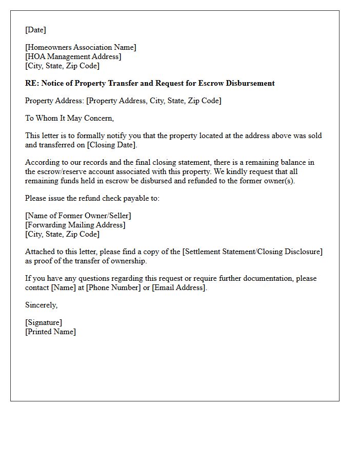 Post-Transfer Homeowners Association Escrow Disbursement Letter