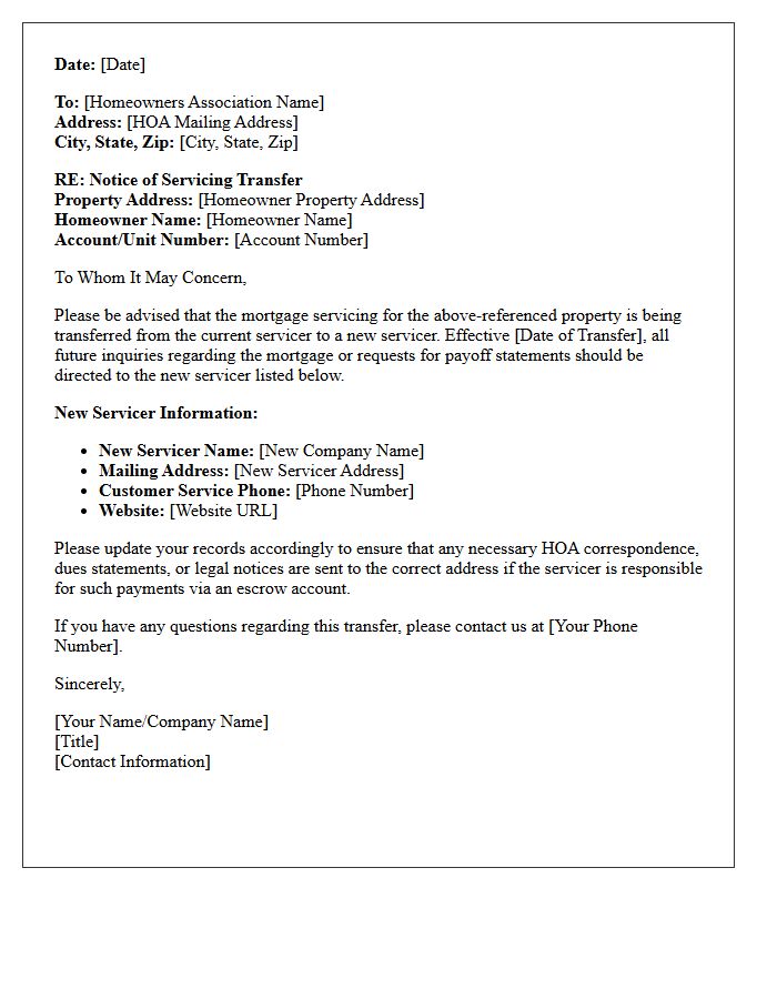 Standard Servicing Transfer Notification Letter To Homeowners Association
