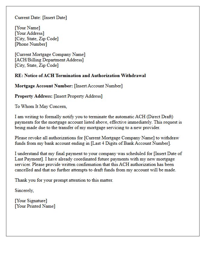 ACH Draft Termination Letter for Mortgage Transfer