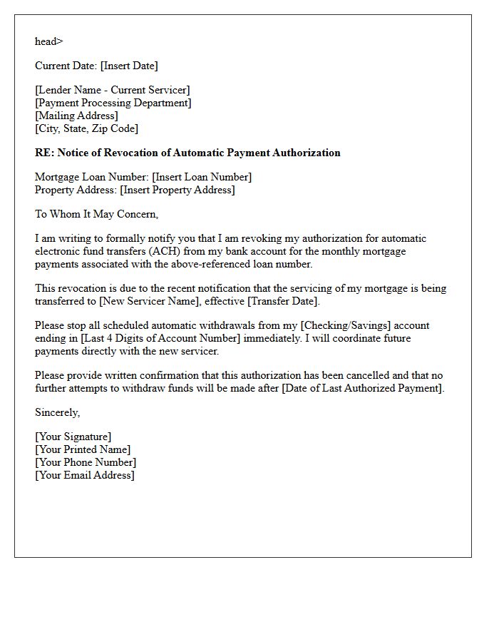 Automatic Mortgage Payment Revocation Letter Due to Transfer