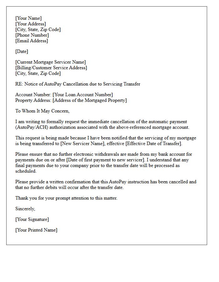 Mortgage Servicing Transfer AutoPay Cancellation Letter