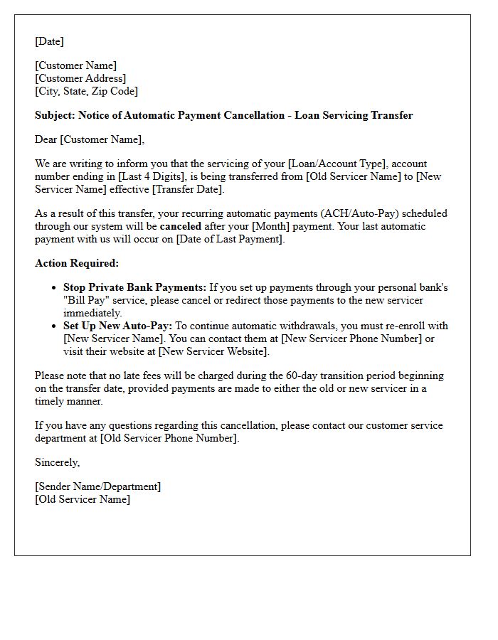 Notice of Automatic Payment Cancellation Letter Due to Servicing Transfer