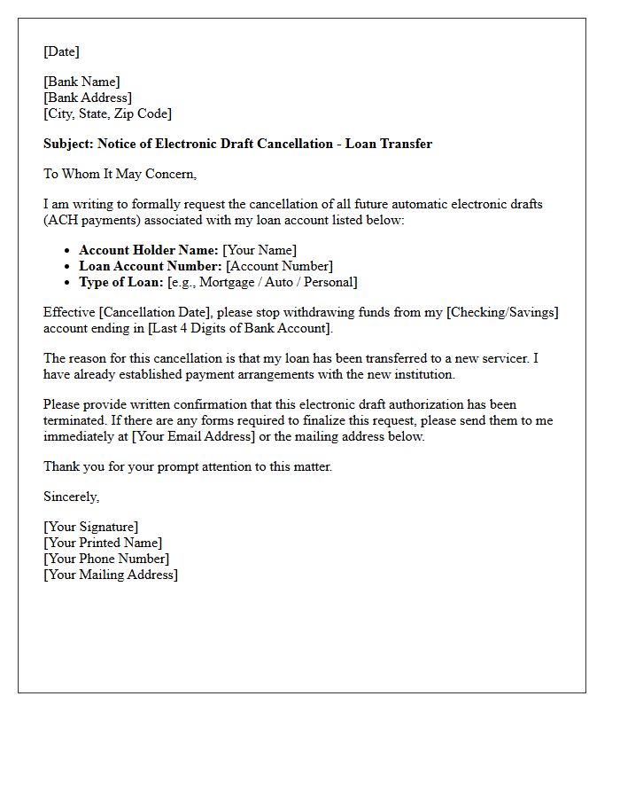 Notice of Electronic Draft Cancellation Letter for Loan Transfer