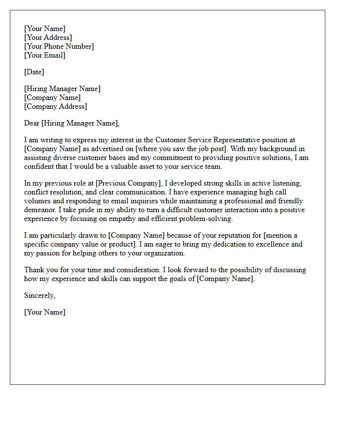 Customer Service Introduction Cover Letter