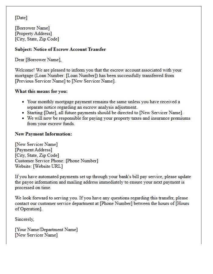 Escrow Account Transfer Welcome Letter