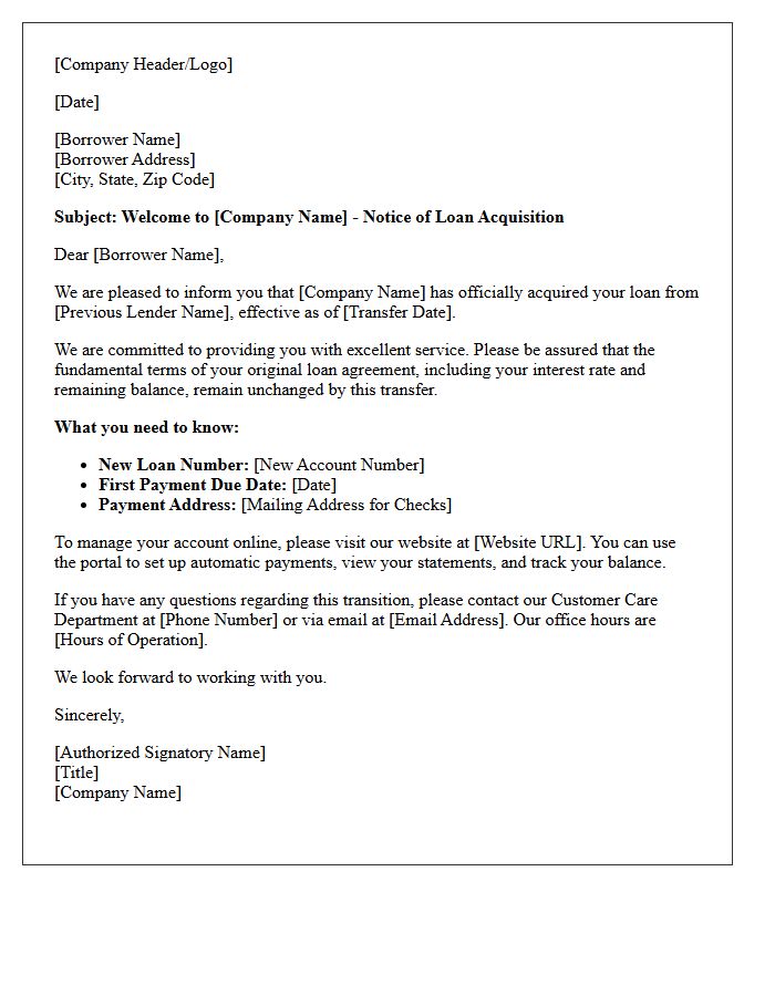 Loan Acquisition and Welcome Cover Letter