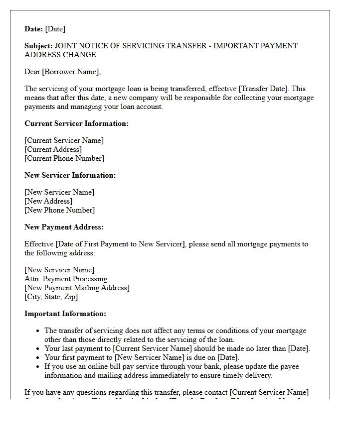 Joint Notice of Servicing Transfer Payment Address Letter