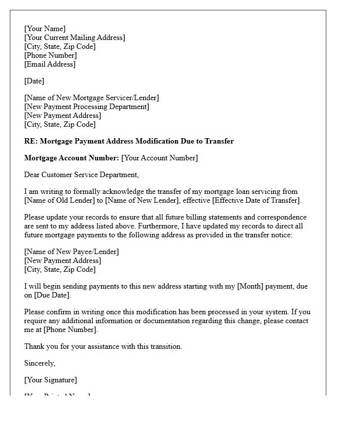 Mortgage Payment Address Modification Due to Transfer Letter
