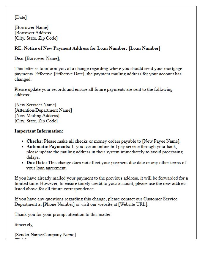 New Servicer Payment Address Notification Letter