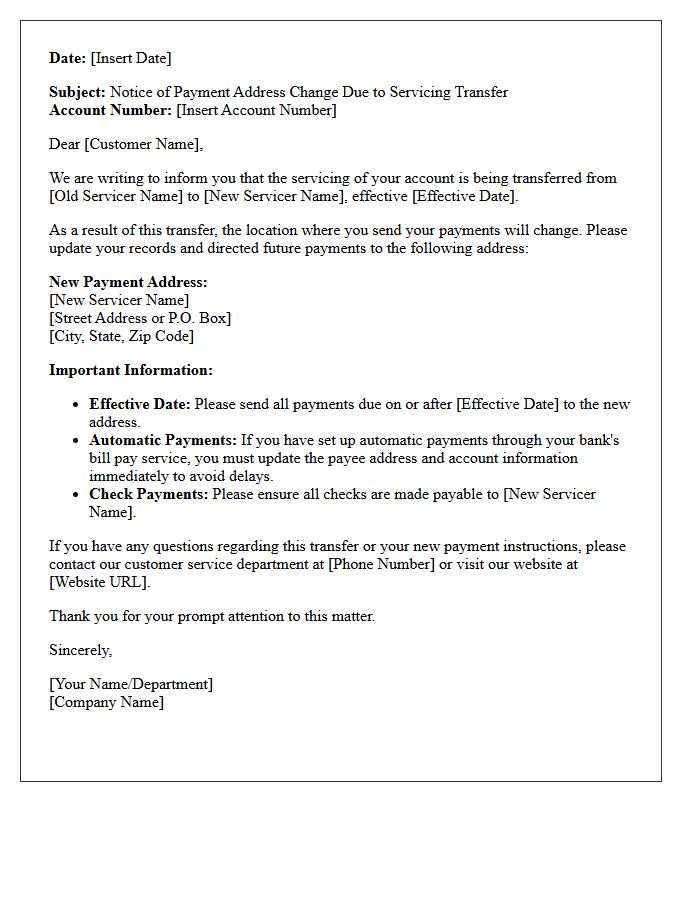 Notice of Payment Address Change Due to Servicing Transfer Letter