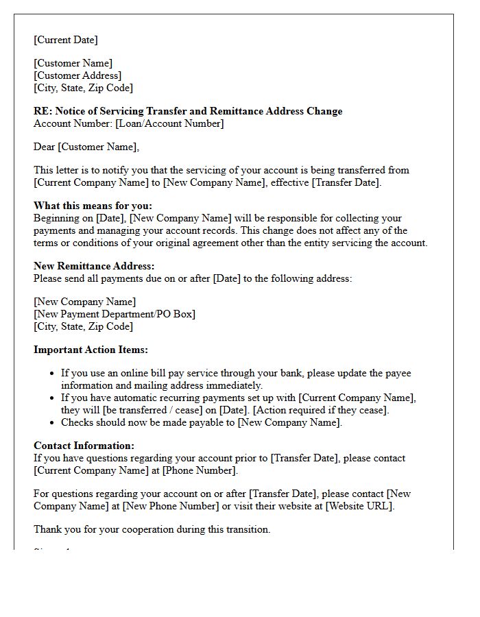 Notice of Servicing Transfer and Remittance Address Change Letter