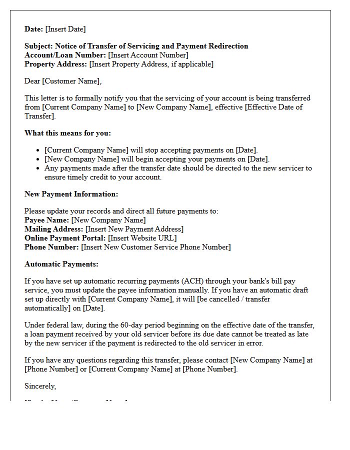 Servicing Transfer and Payment Redirection Notice Letter