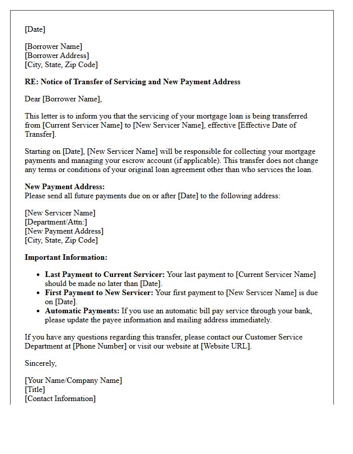 Transfer of Servicing and Payment Address Update Letter