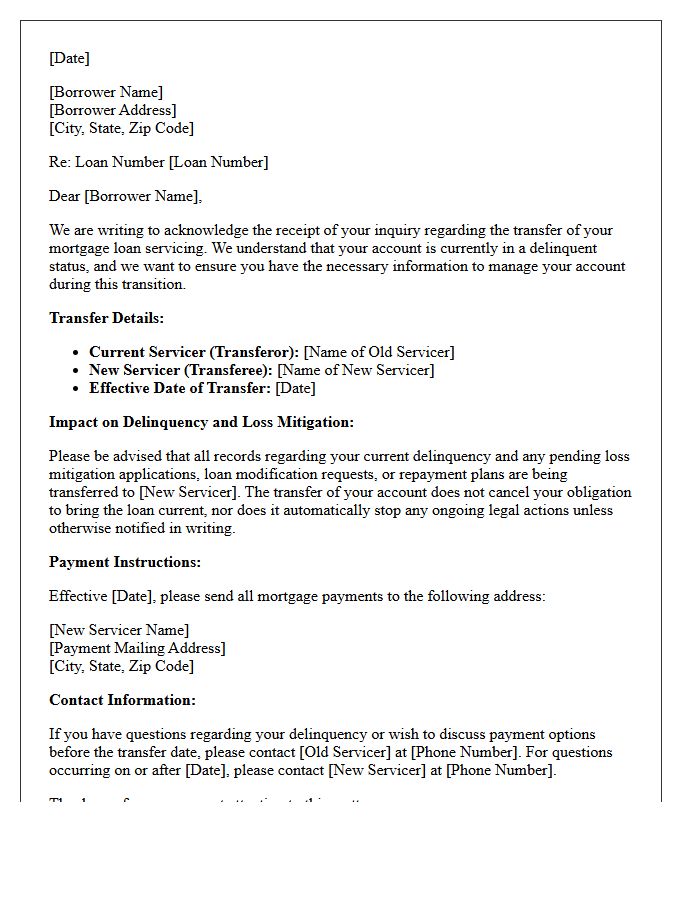 Delinquent Mortgage Servicing Transfer Acknowledgment Letter