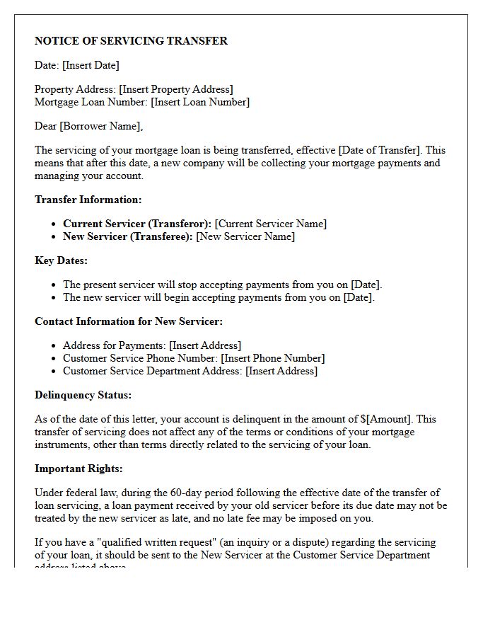 RESPA Compliant Servicing Transfer Letter for Delinquent Account