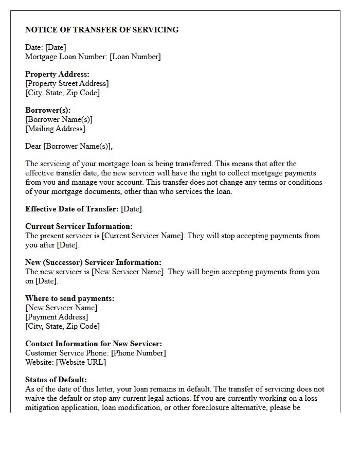 Successor Servicer Notice Letter for Defaulted Mortgage