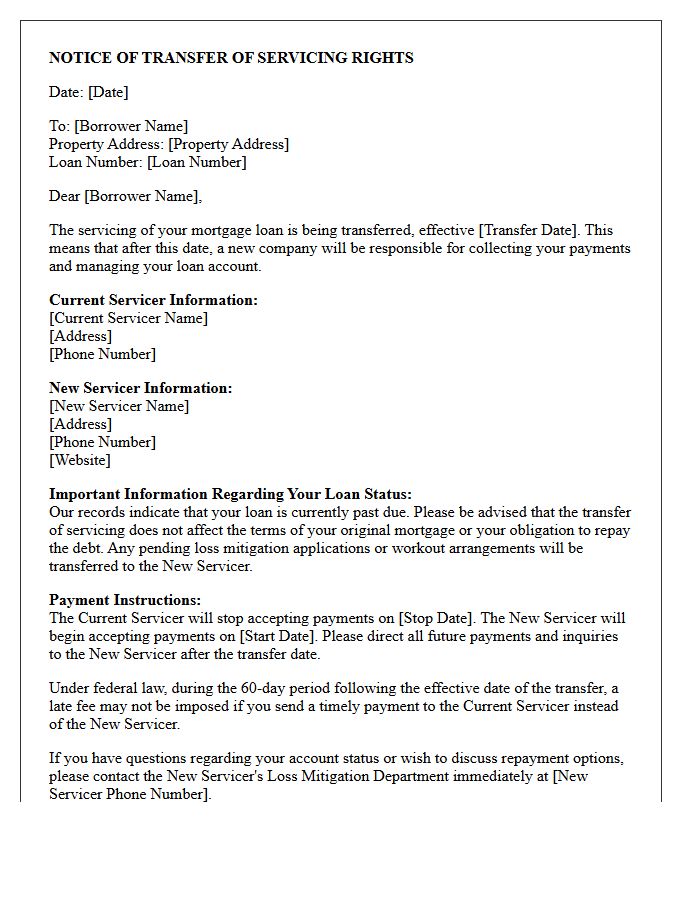Transfer of Servicing Rights Letter for Non-Performing Loan