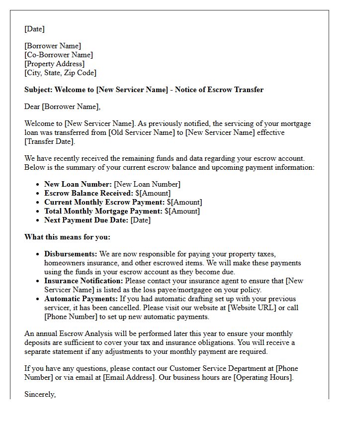 Incoming Mortgage Servicer Escrow Transfer Letter