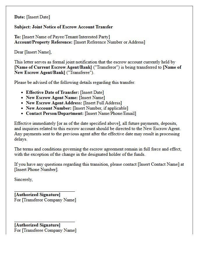 Joint Notice of Escrow Account Transfer Letter