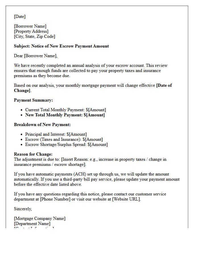 Notice of New Escrow Payment Amount Letter